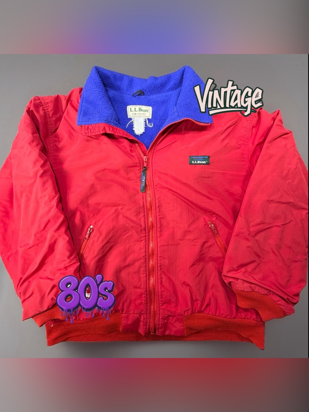L.L. Bean 80s Vintage Warm-Up Jacket Mens XL Red Blue Fleece 25x24.5